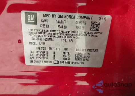 2015 Buick Encore z USA, uszkodzony, nr VIN KL4CJCSB7FB267394